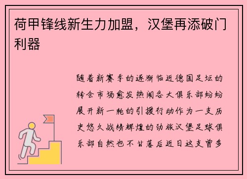 荷甲锋线新生力加盟，汉堡再添破门利器